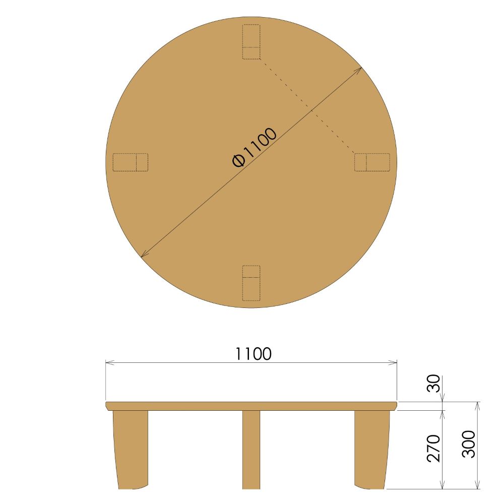膳丸テーブル RG14YN(オーク/ナチュラル面/Φ1100仕様)